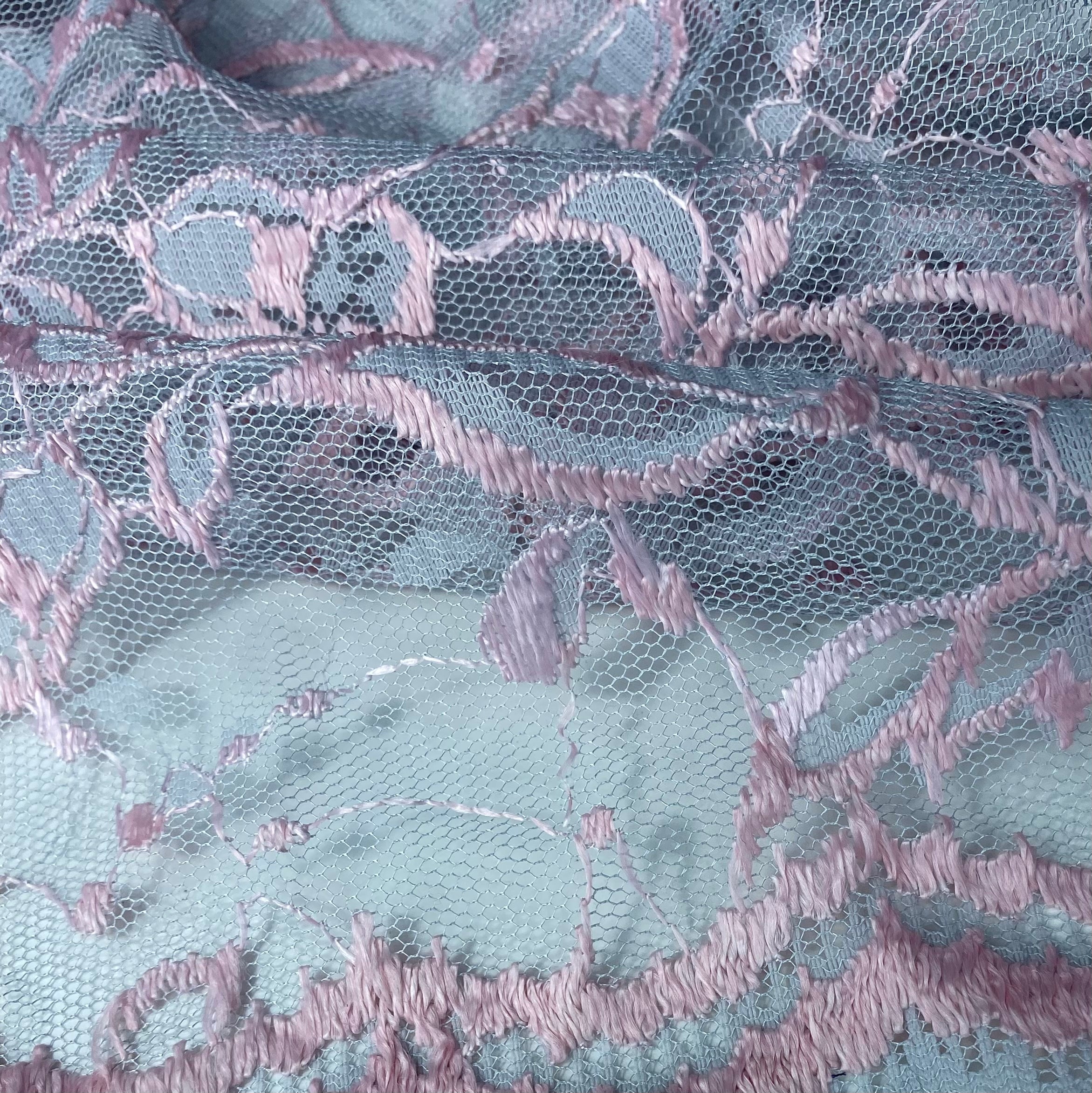 Floral Embroidered Lace with Finished Edges - Grey/Pink