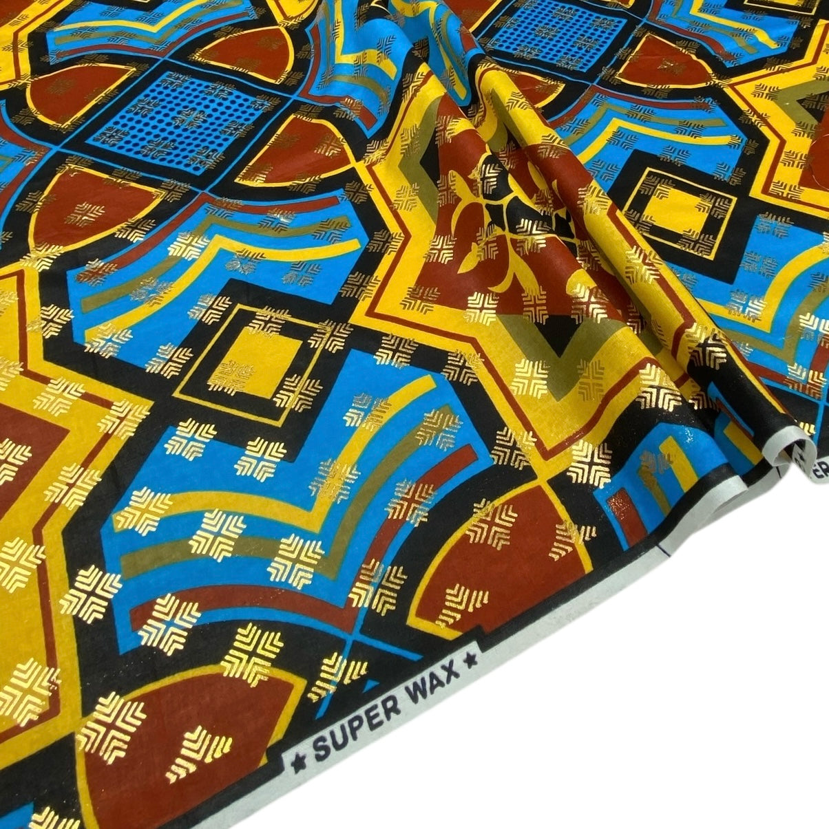 Metallic Super Wax African Printed Cotton - Blue/Yellow/Gold