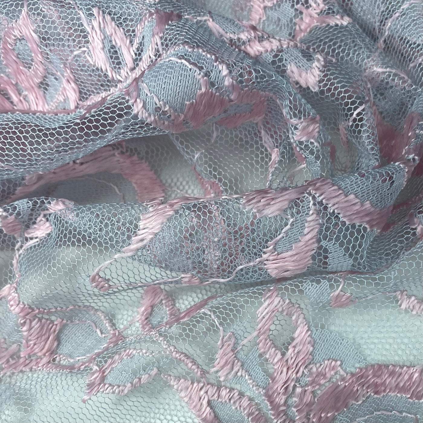 Floral Embroidered Lace with Finished Edges - Grey/Pink