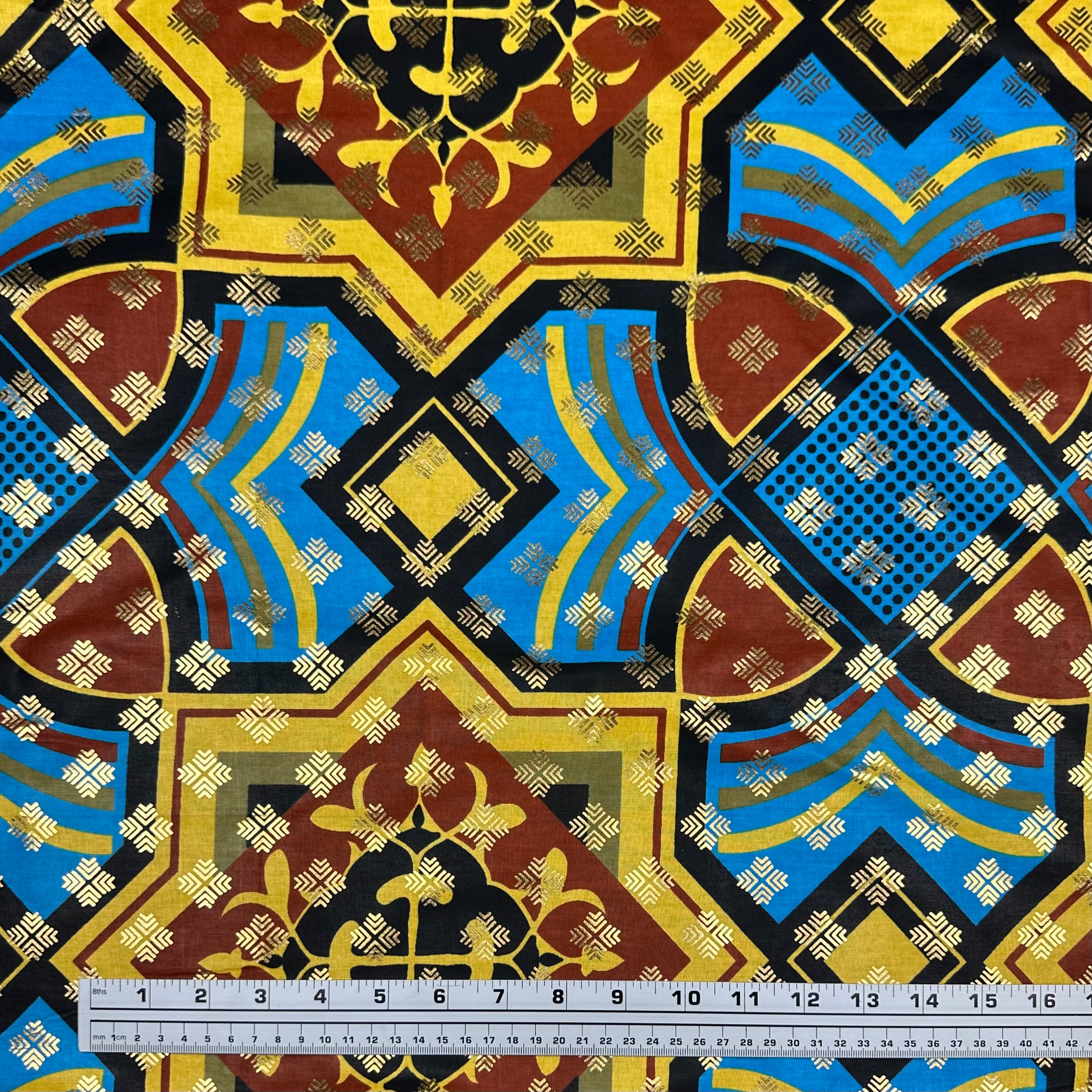 Metallic Super Wax African Printed Cotton - Blue/Yellow/Gold