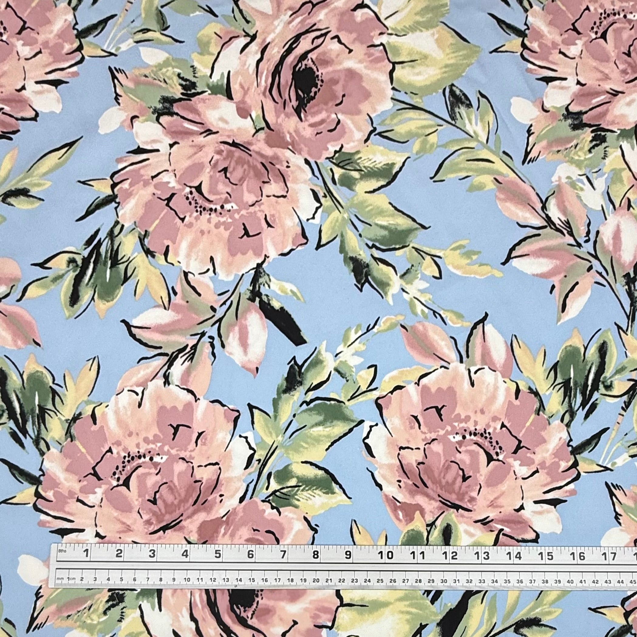 Floral Printed Polyester Tricot Interfaced Back - Blue/Pink/Black