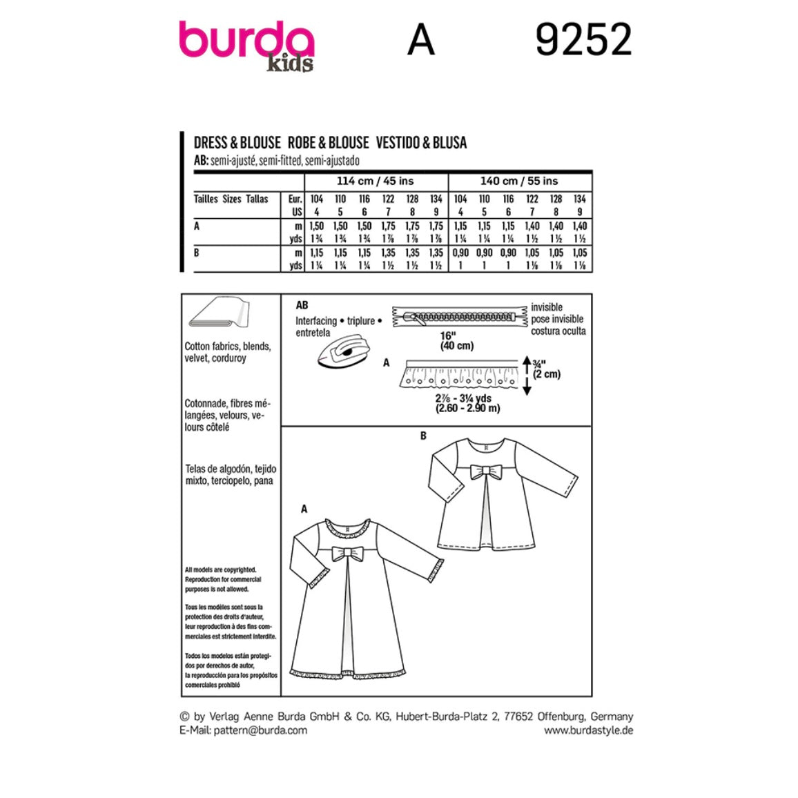 Burda Kids 9252 - Dress & Blouse Sewing Pattern