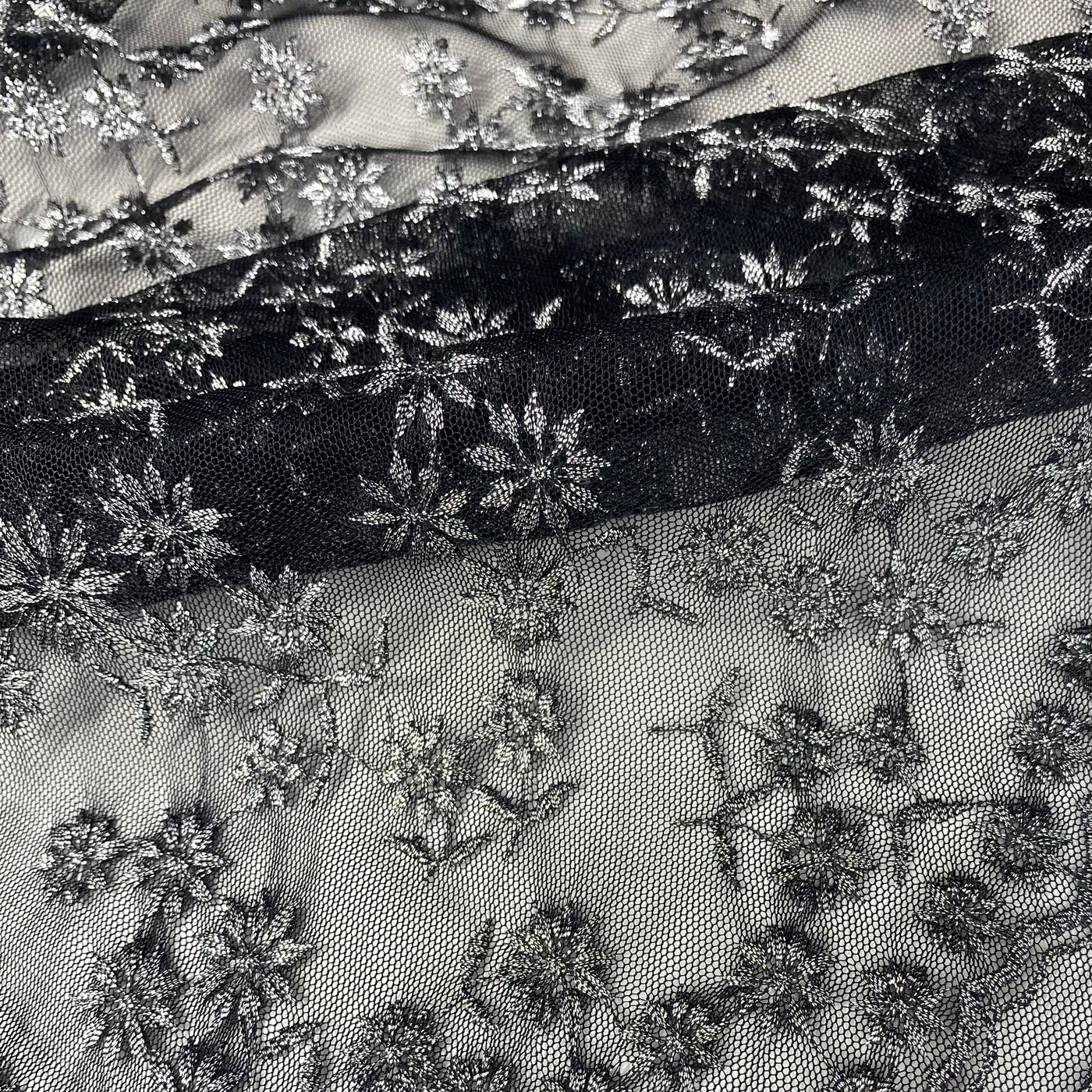 Floral Embroidered Mesh - Black/Silver