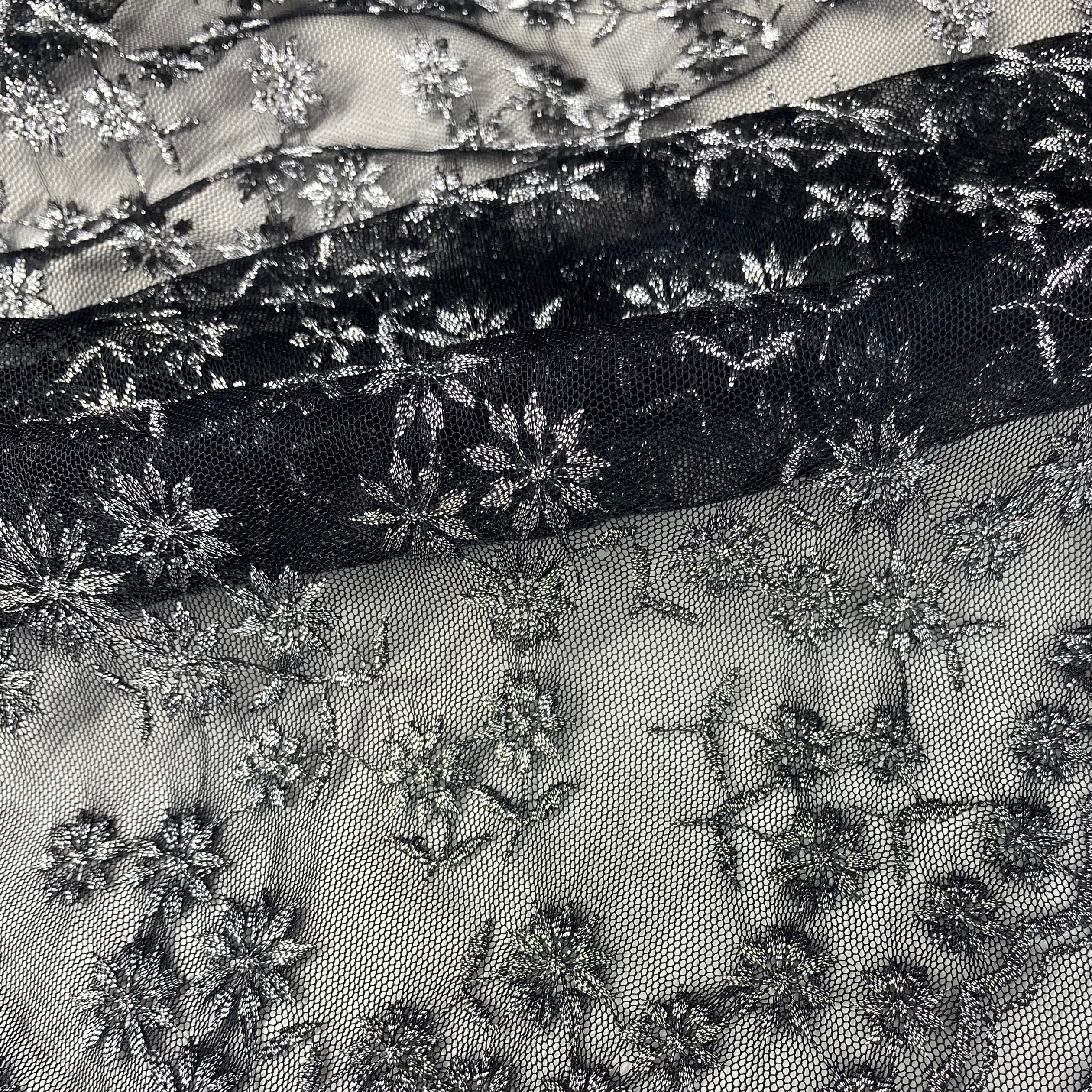 Floral Embroidered Mesh - Black/Silver