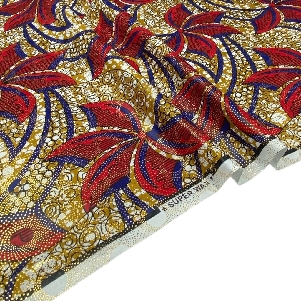 Metallic Super Wax African Printed Cotton - Red/Blue/Gold