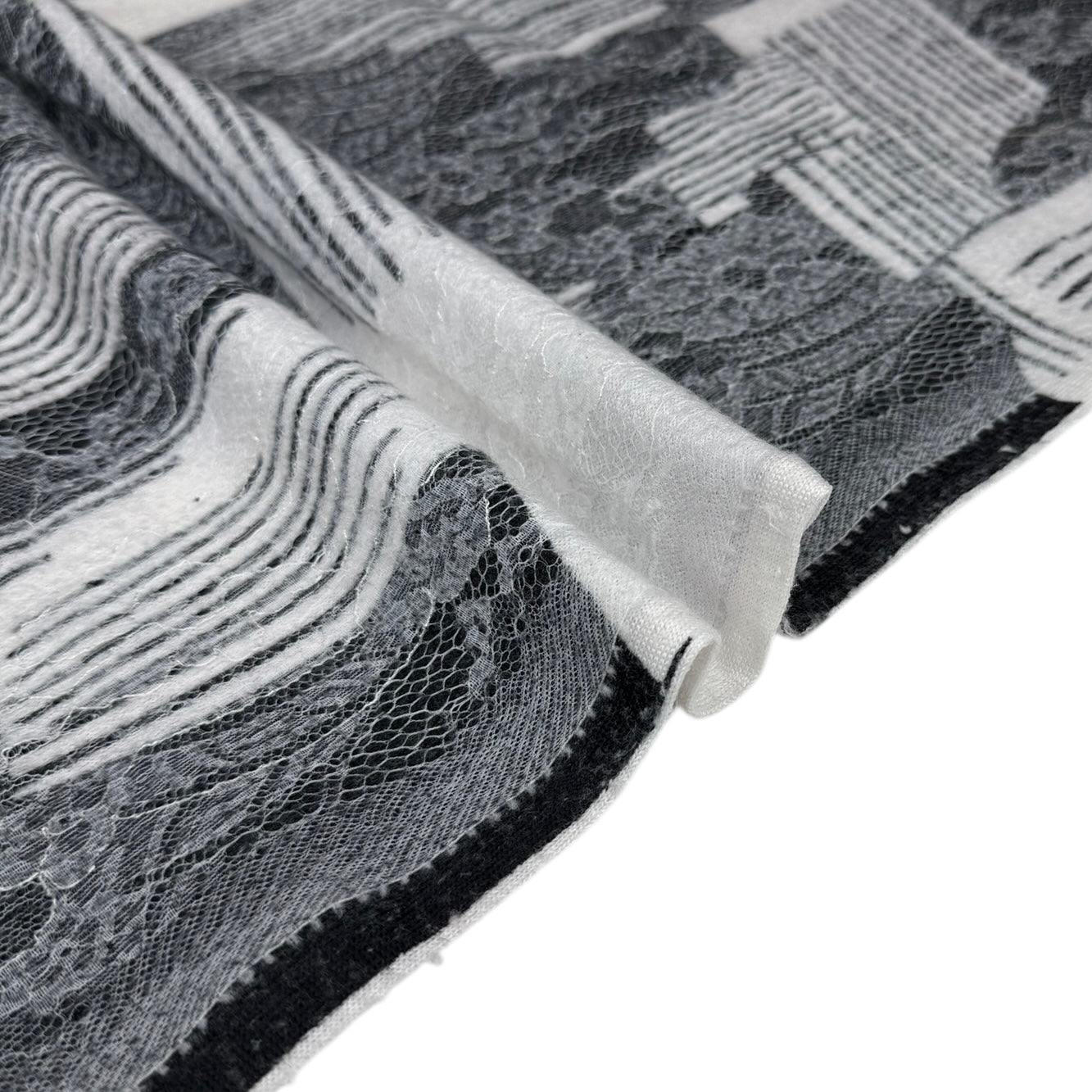 Floral Lace Fused on Patterned Polyester Knit - White/Grey