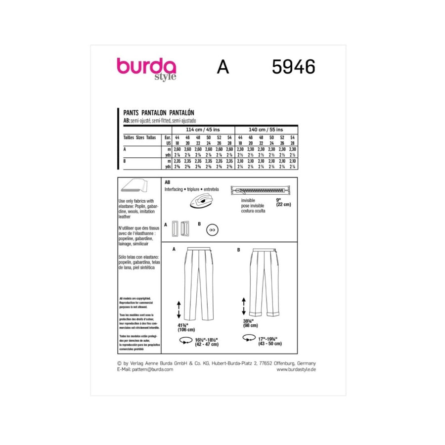 Burda Style 5946 - Pants Sewing Pattern