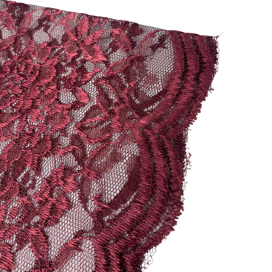 Floral Embroidered Lace with Finished Edges - Burgundy