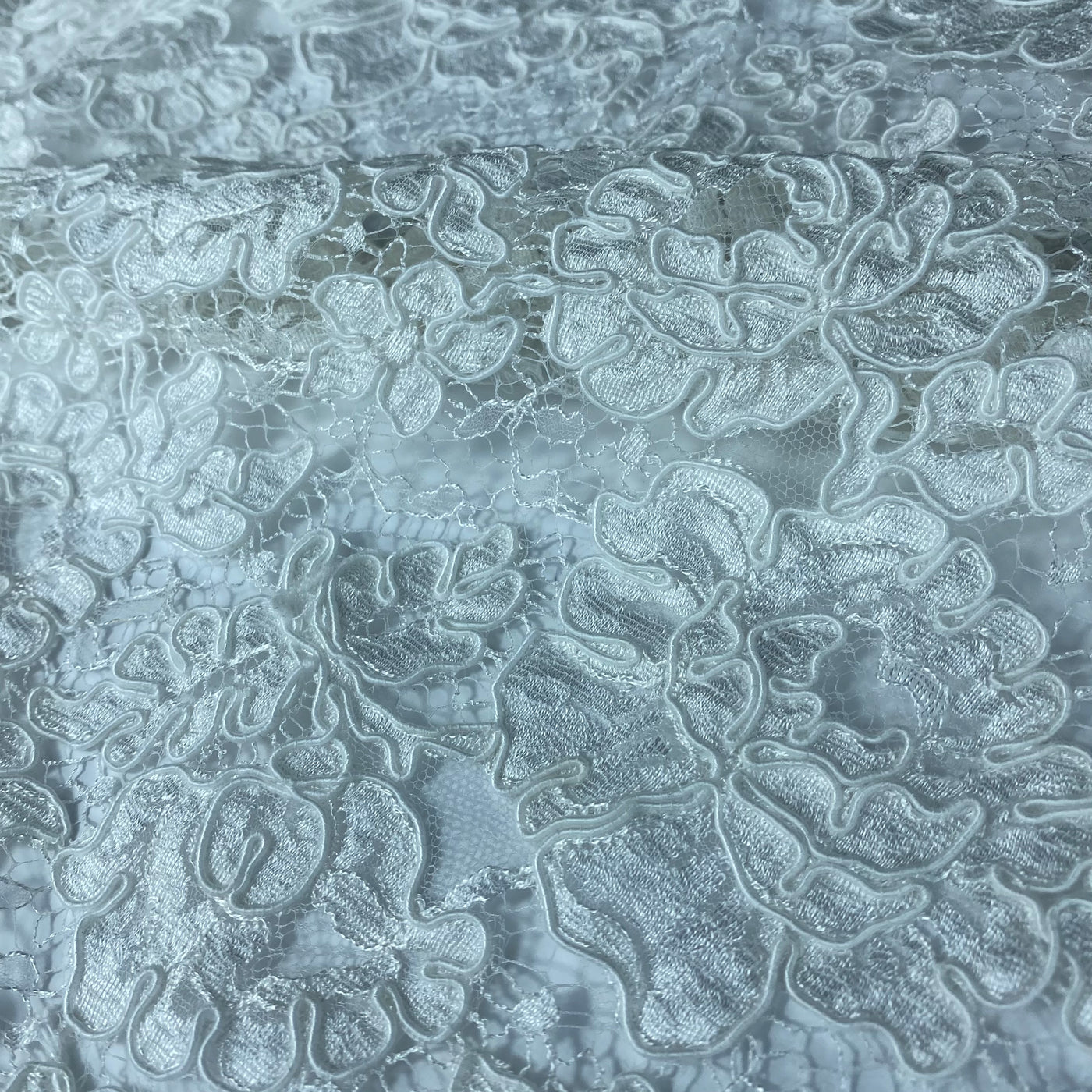 Corded French Lace with Finished Scalloped Eyelash Edge - Remnant - White