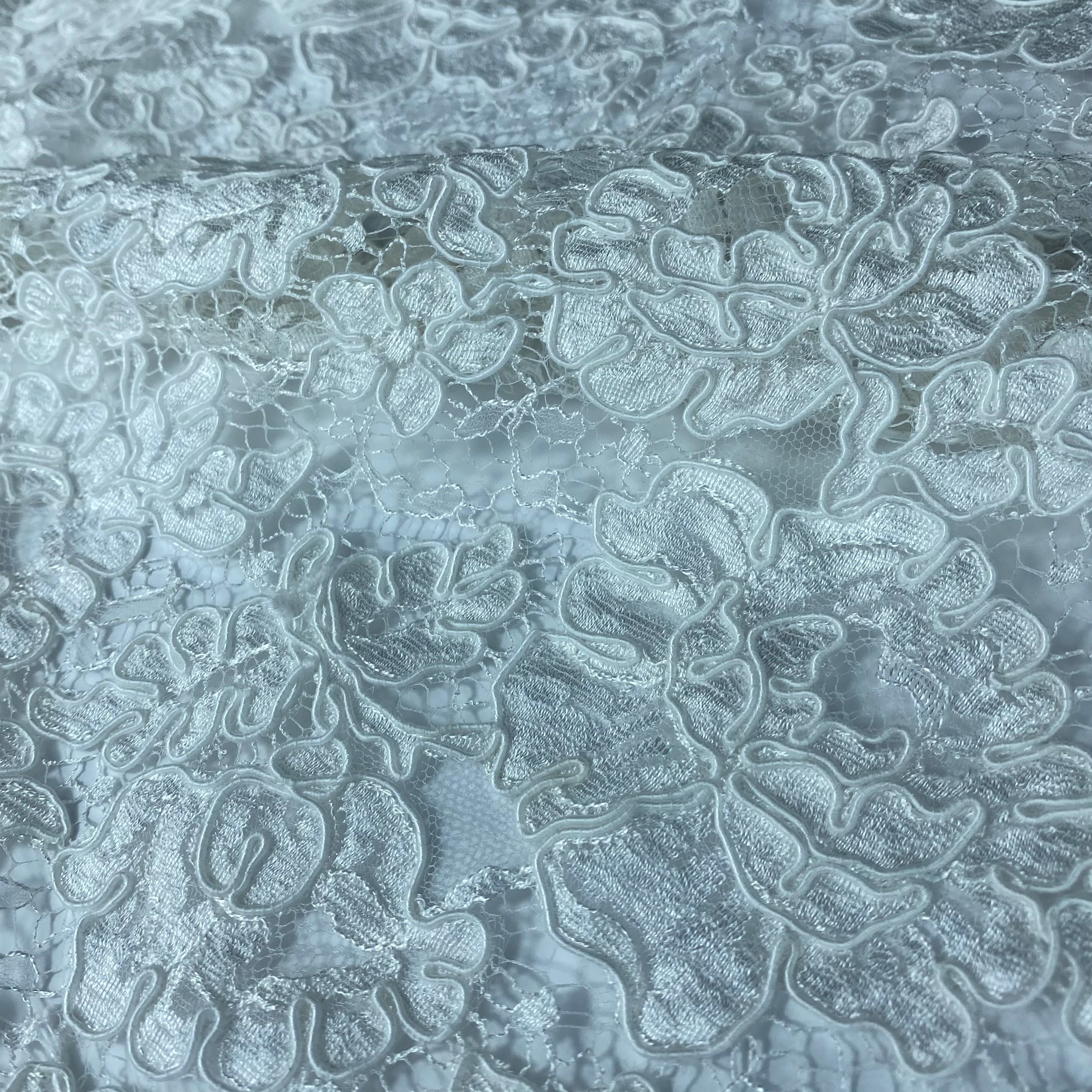 Corded French Lace with Finished Scalloped Eyelash Edge - Remnant - White