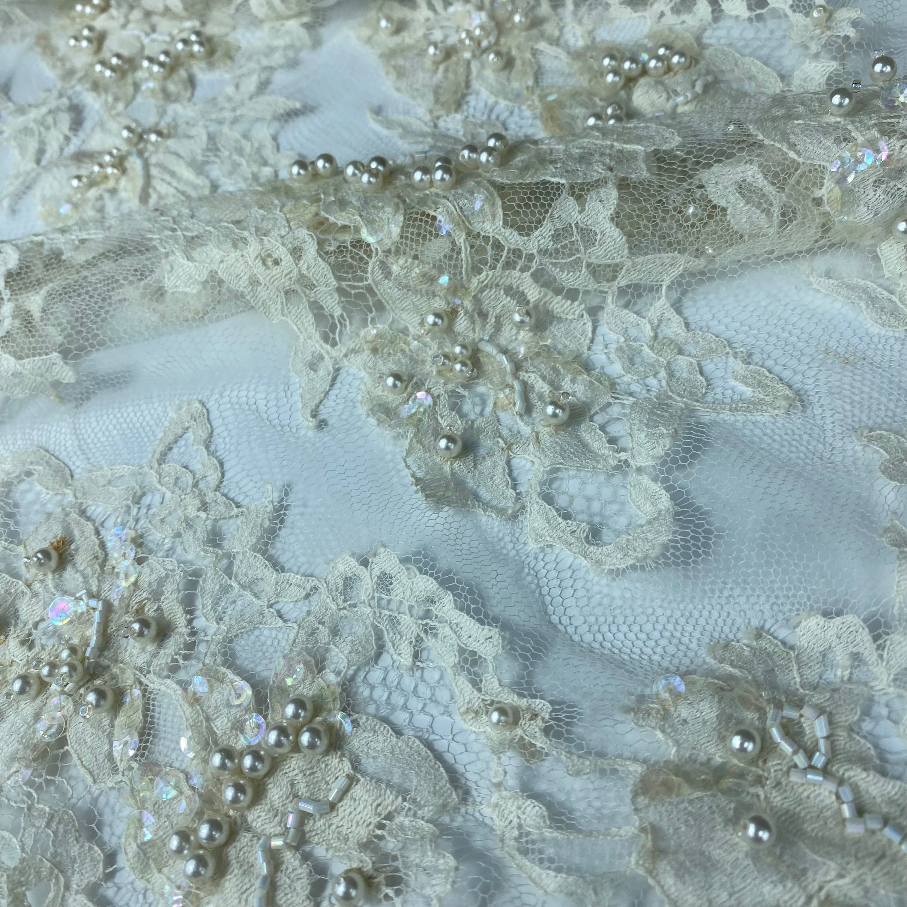 Beaded Corded Lace with Finished Edge- Remnant - Eggshell