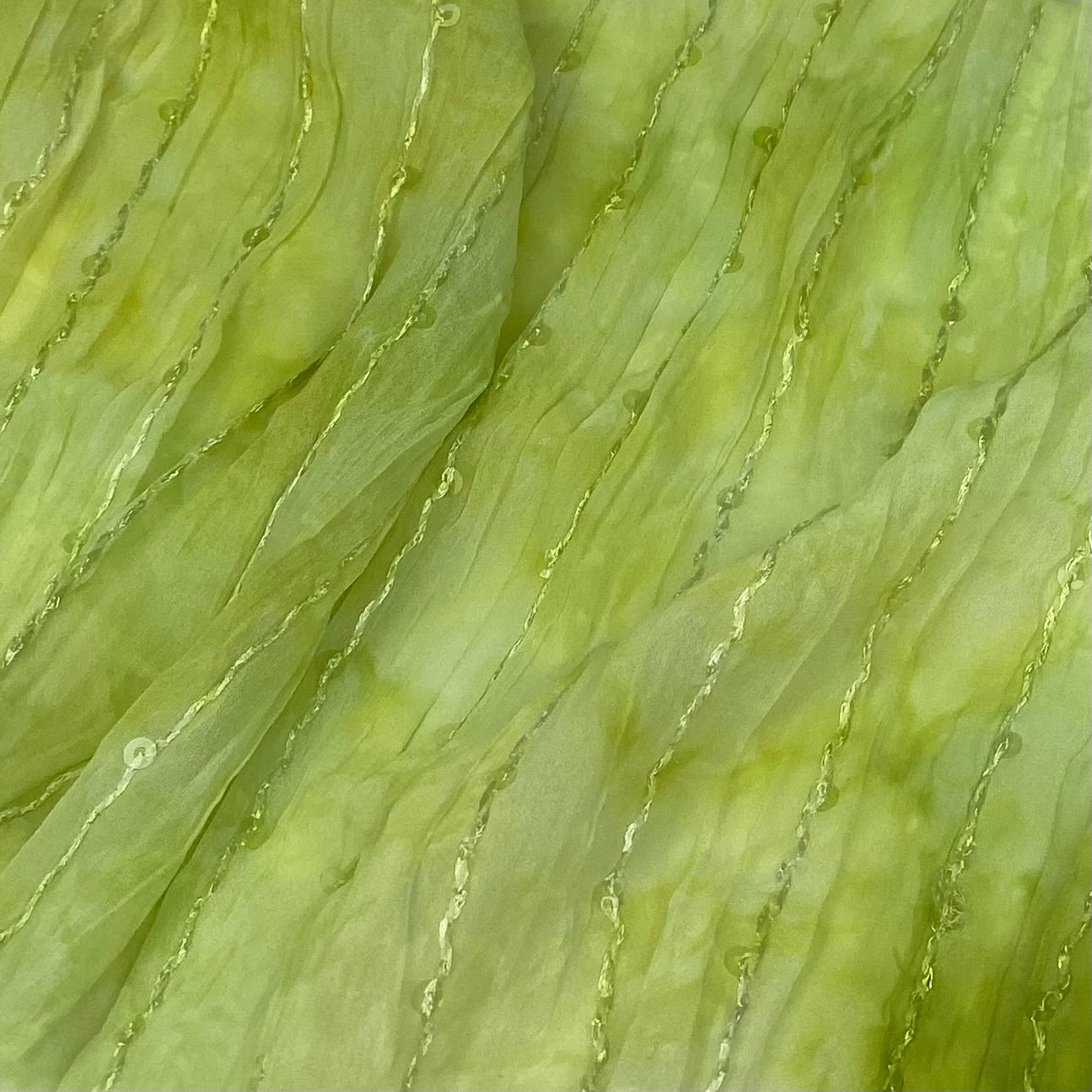 Embroidered Crinkled Polyester Georgette  - Lime/White, Clear Sequins