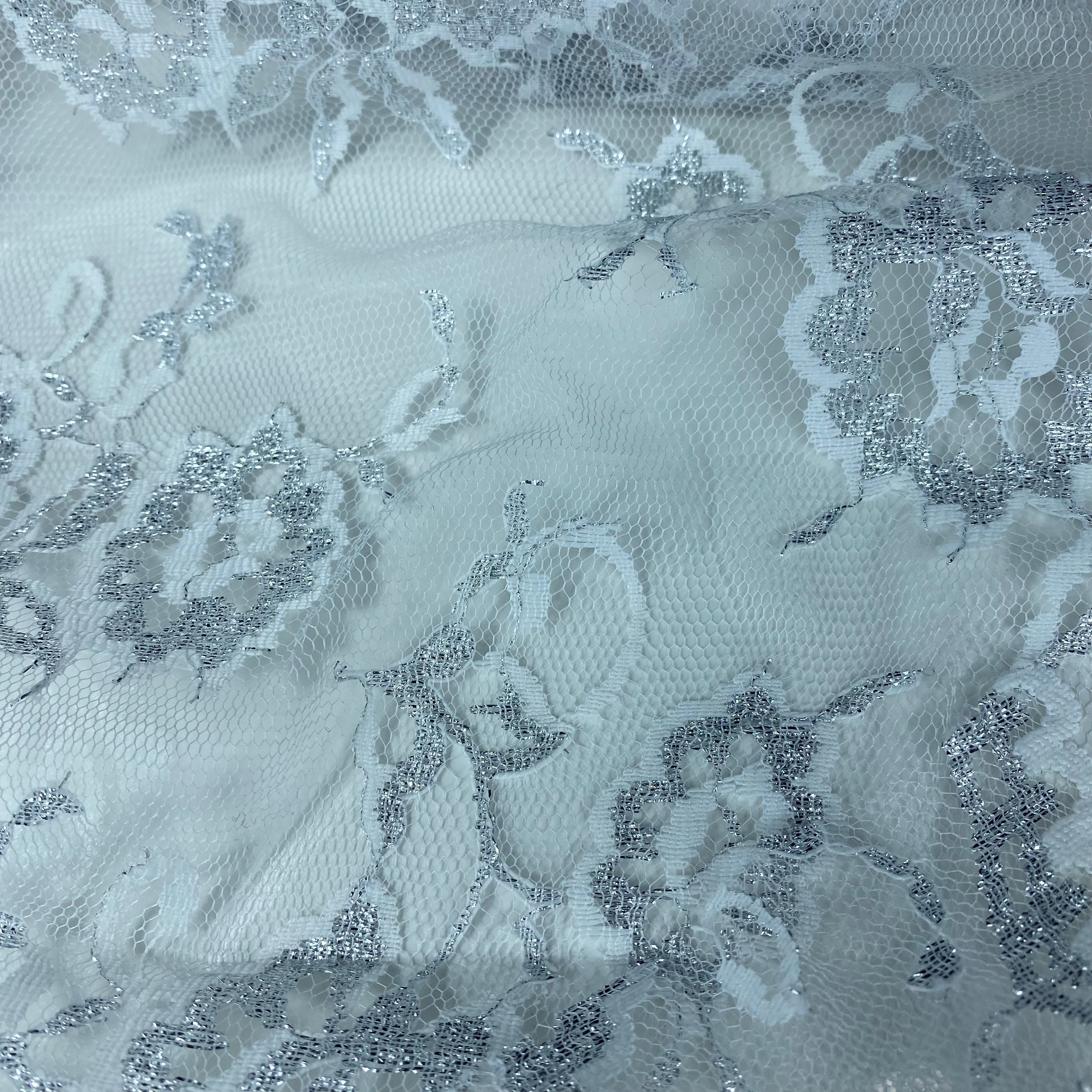 Floral Embroidered Lace with Finished Edges - White/Silver