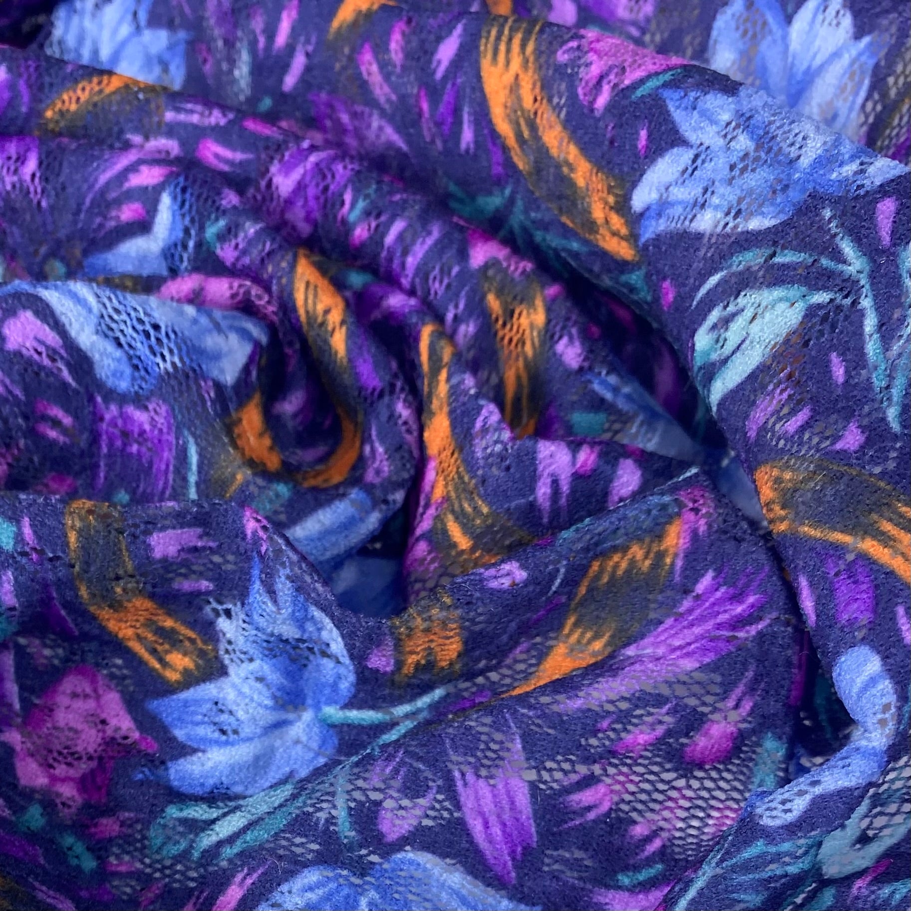 Floral Printed Stretch Lace - Blue/Purple/Orange
