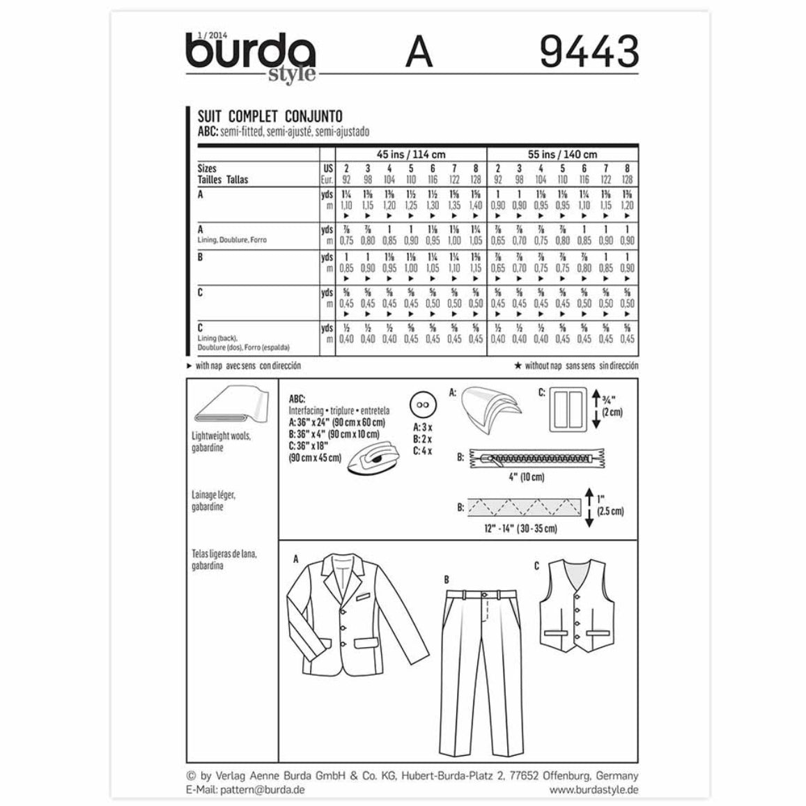 Burda Kids 9443 - Suit Sewing Pattern