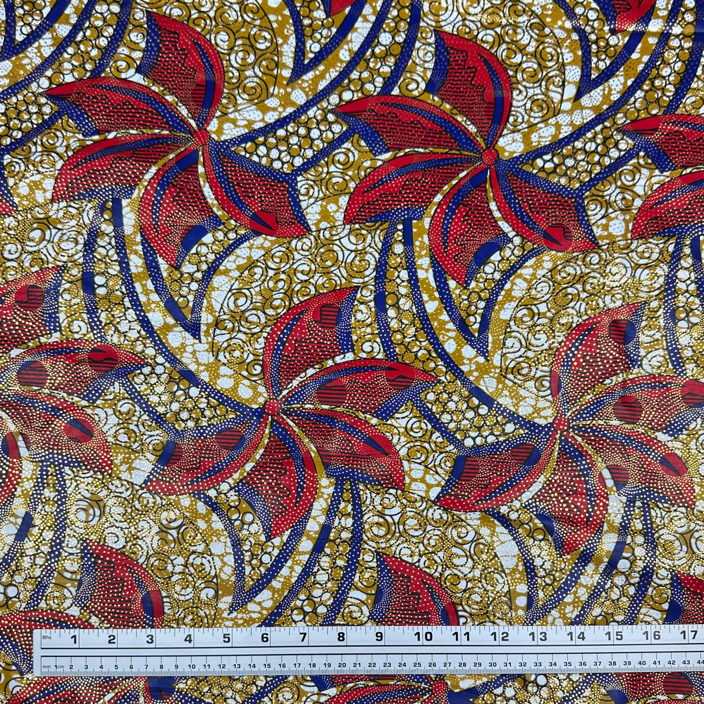 Metallic Super Wax African Printed Cotton - Red/Blue/Gold