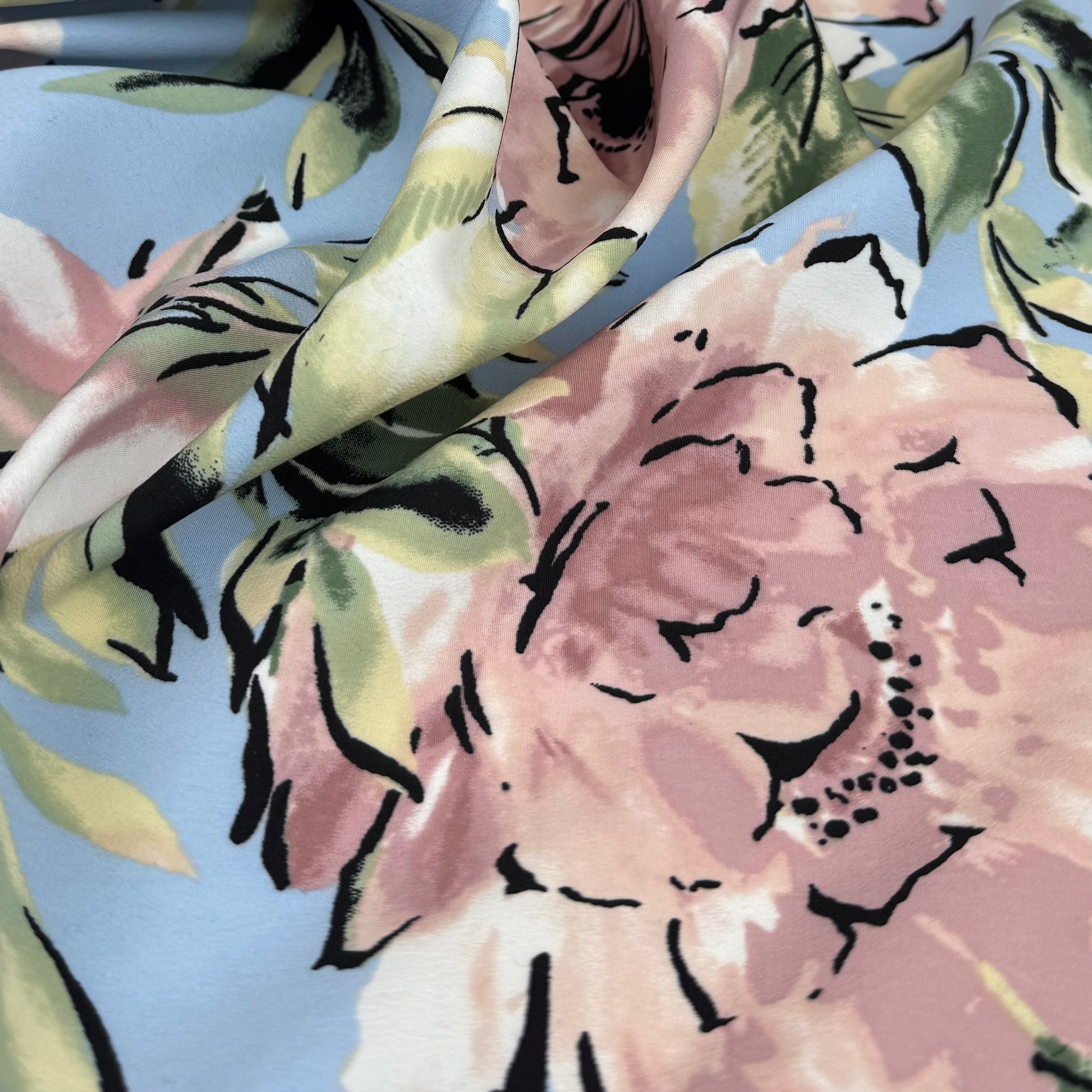 Floral Printed Polyester Tricot Interfaced Back - Blue/Pink/Black