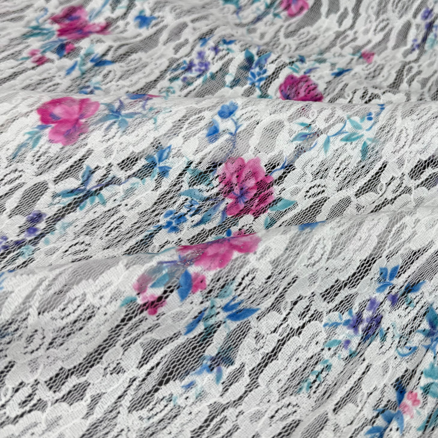 Floral Printed Stretch Lace - White/Pink/Blue