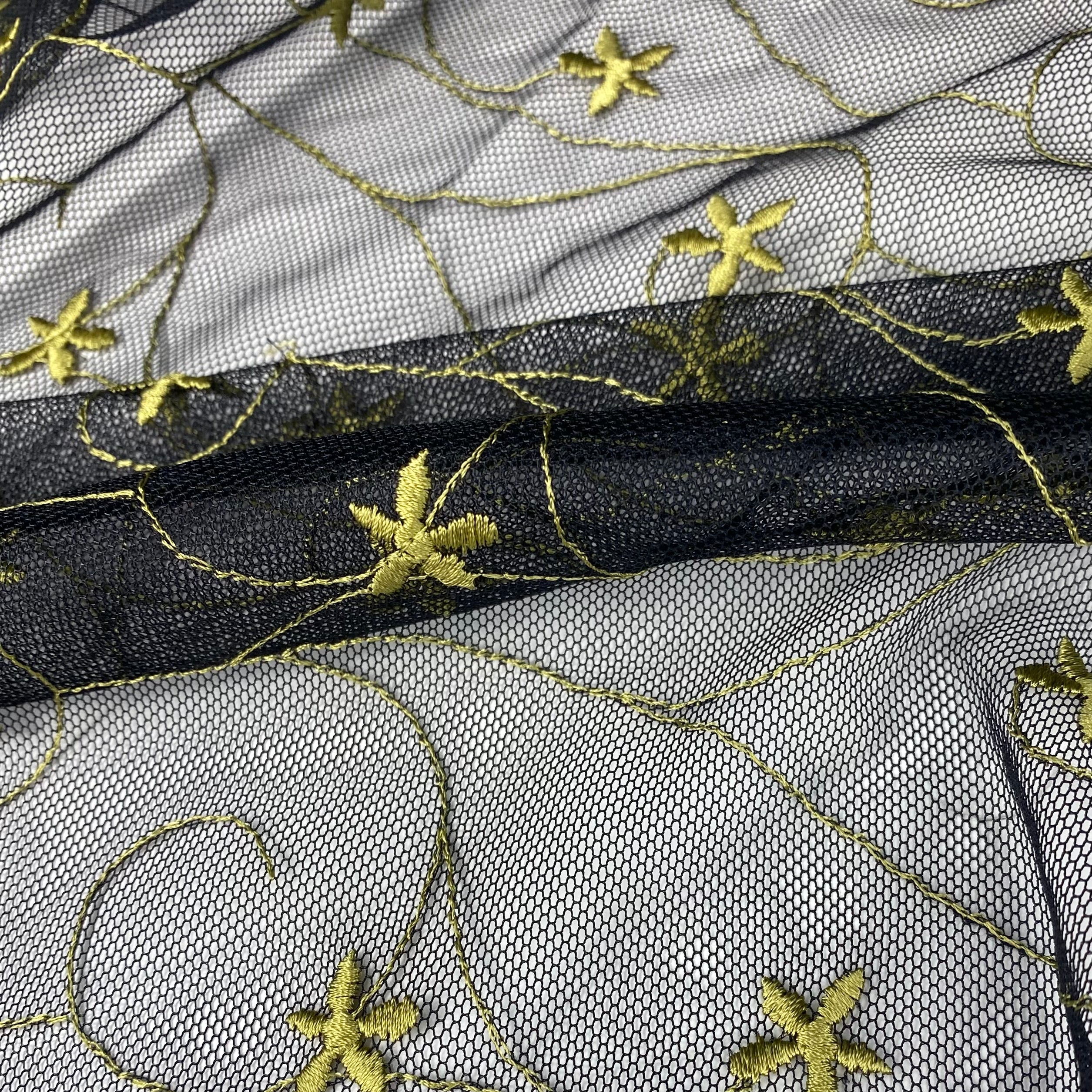 Floral Embroidered Mesh - Black/Green