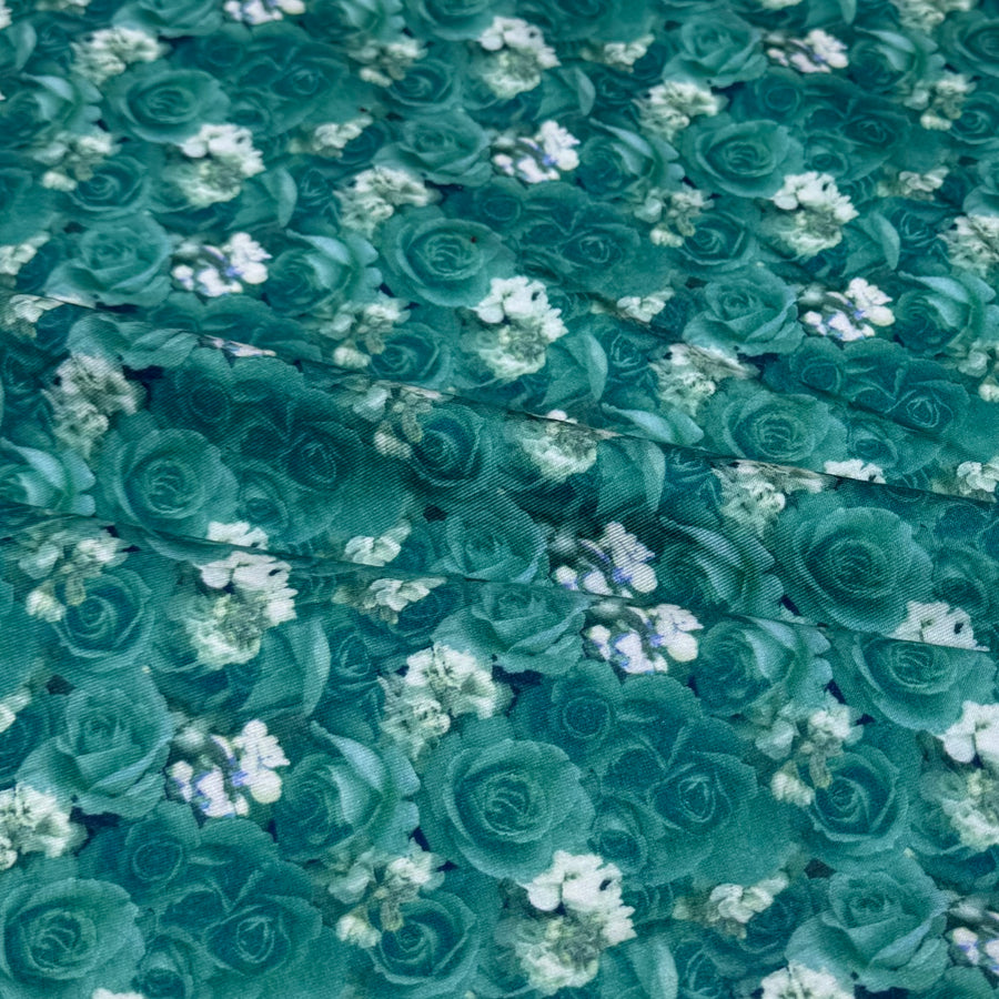 Floral Printed Polyester Jersey - Green/White