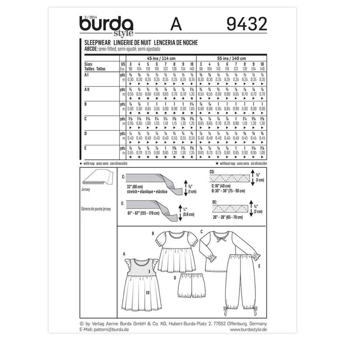 Burda Kids 9432 - Sleepwear Sewing Pattern