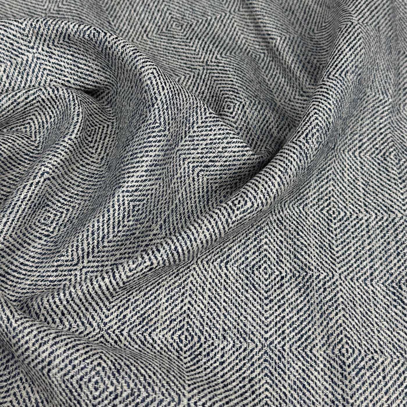 Woven Diamond Patterned Cotton Upholstery Remnant - White/Blue