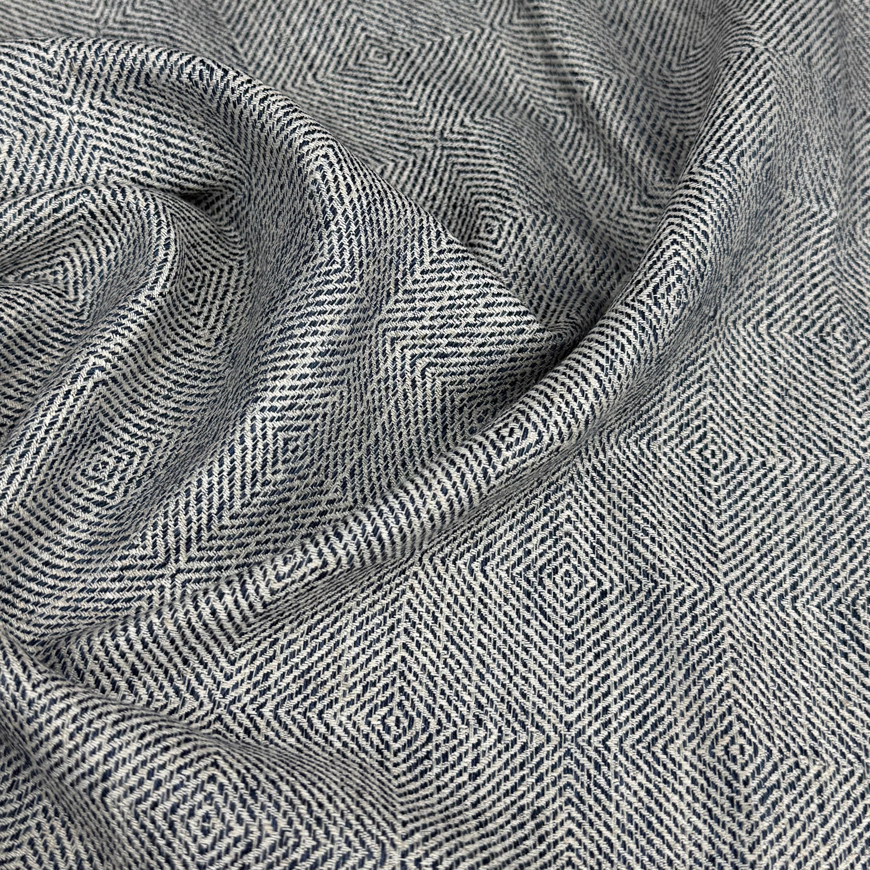 Woven Diamond Patterned Cotton Upholstery Remnant - White/Blue