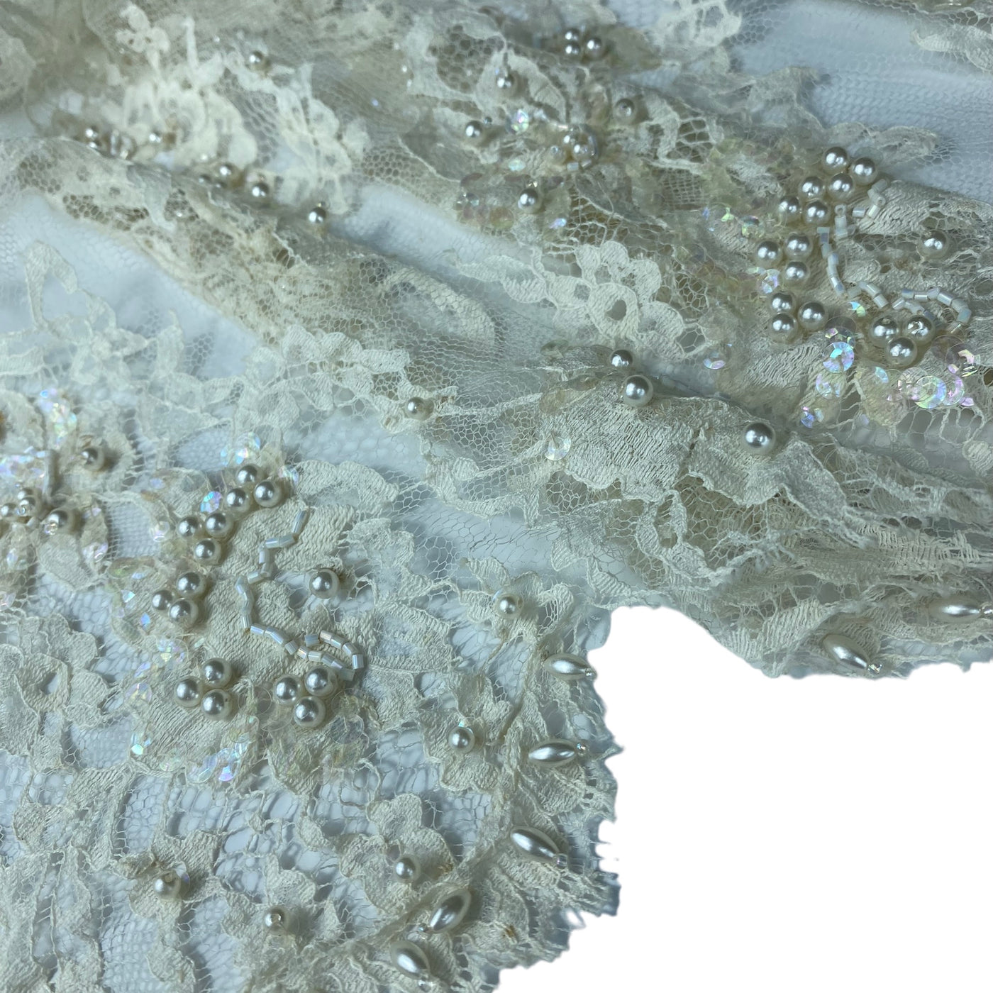 Beaded Corded Lace with Finished Edge- Remnant - Eggshell