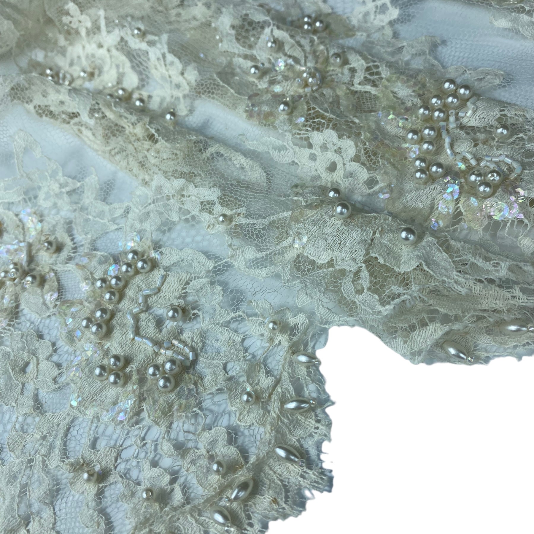 Beaded Corded Lace with Finished Edge- Remnant - Eggshell