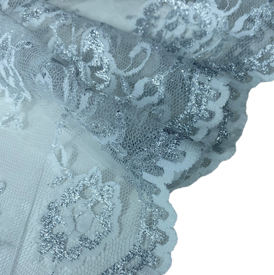 Floral Embroidered Lace with Finished Edges - White/Silver