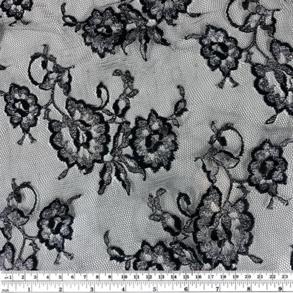 Floral Embroidered Lace with Finished Edges - Black/Silver