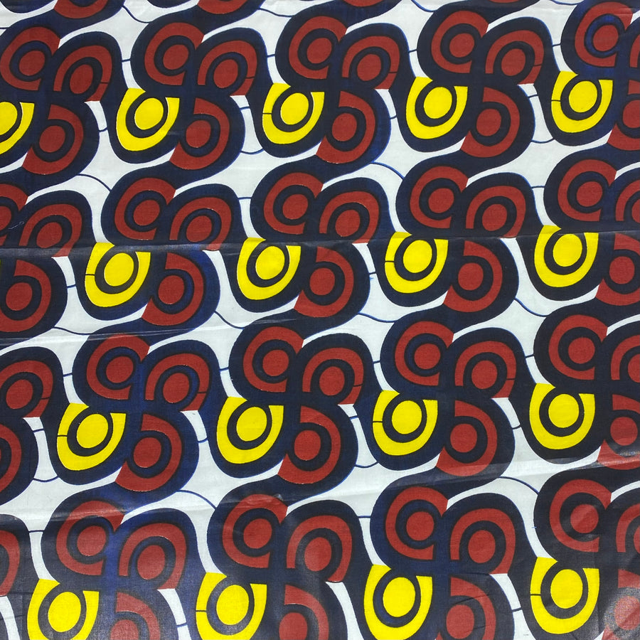 Waxed African Printed Cotton - Blue/Brown/Yellow