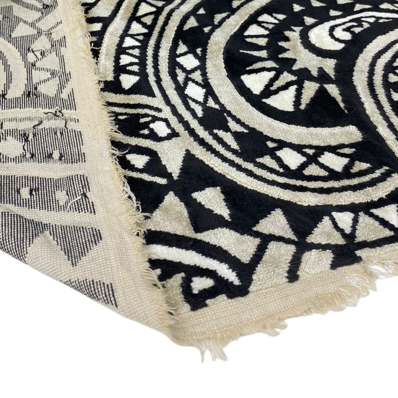 Patterned Cotton Velvet Upholstery - Designer Remnant - Black/Beige/Off White