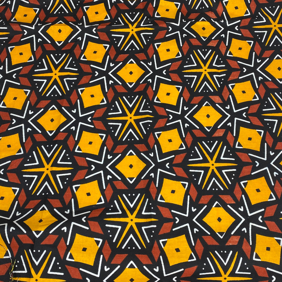 Waxed African Printed Cotton - Black/Yellow/Brown