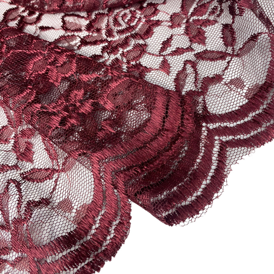 Floral Embroidered Lace with Finished Edges - Burgundy