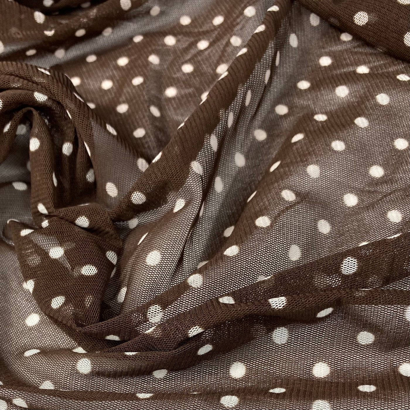 Printed Stretch Mesh - Polka Dot - Brown/White