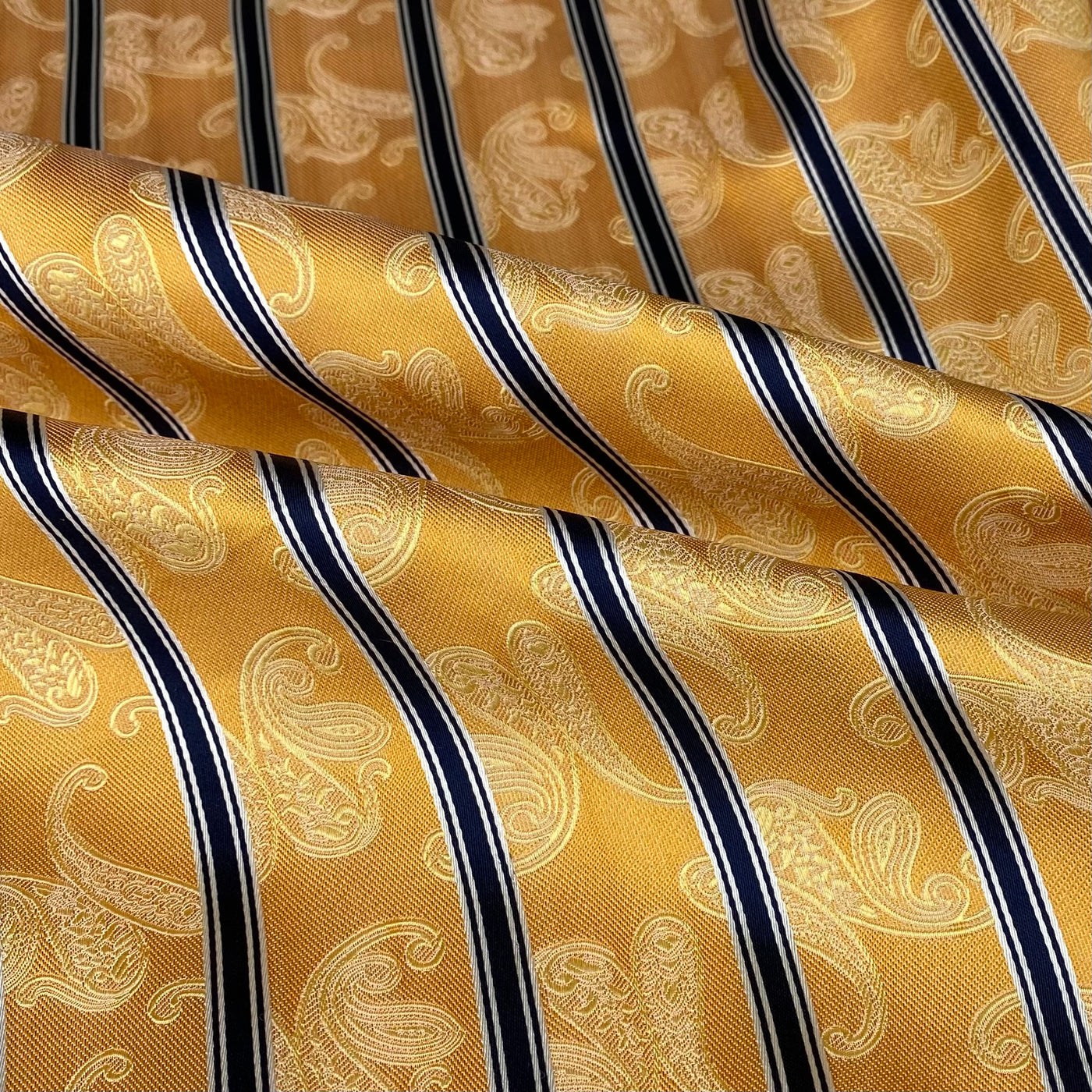 Striped Paisley Silk/Polyester Jacquard - Gold / Yellow / White / Navy - Remnant