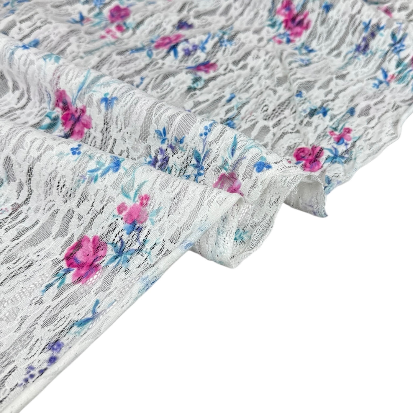 Floral Printed Stretch Lace - White/Pink/Blue