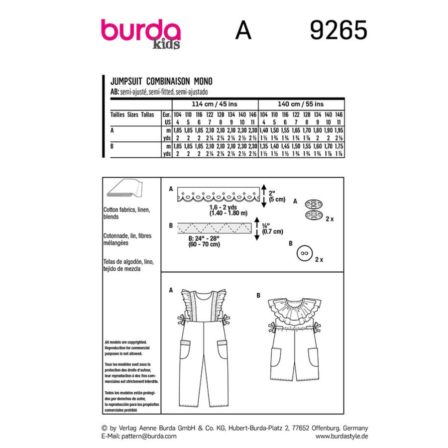 Burda Kids 9265 - Overalls Sewing Pattern