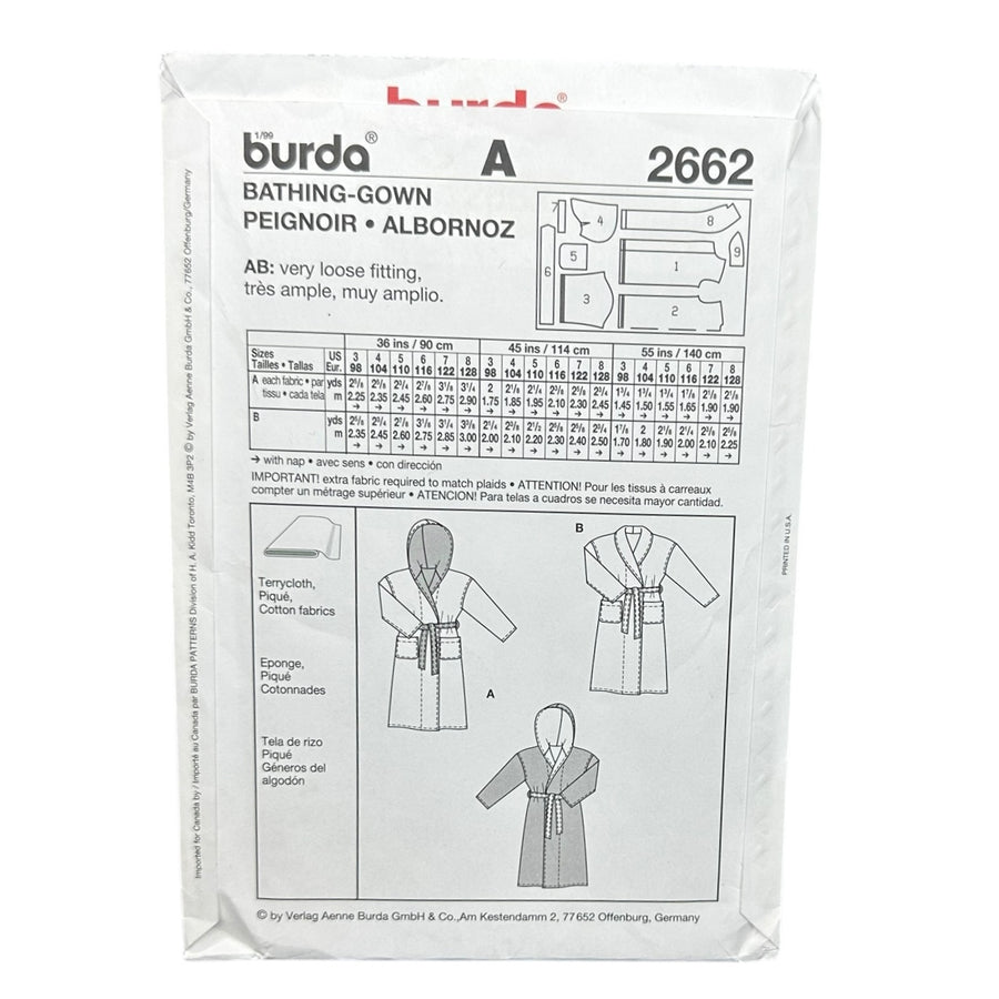 Burda 2662 Child Bath Robe Sewing Pattern