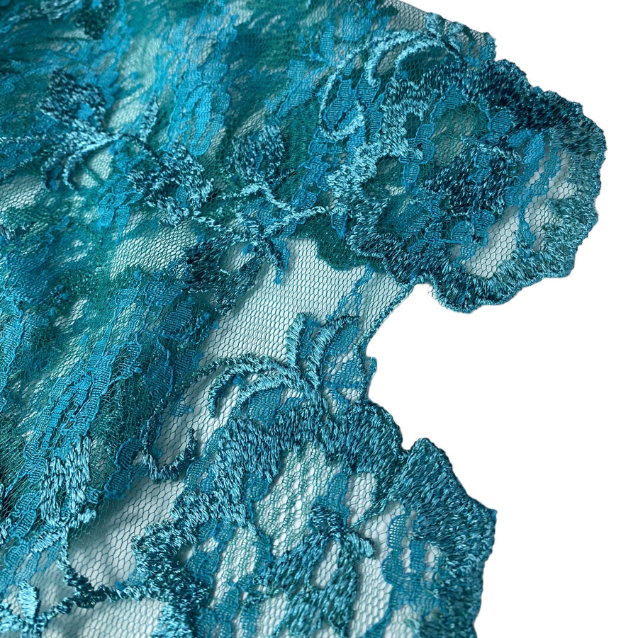 Floral Embroidered Lace with Finished Edge - Remnant - Blue