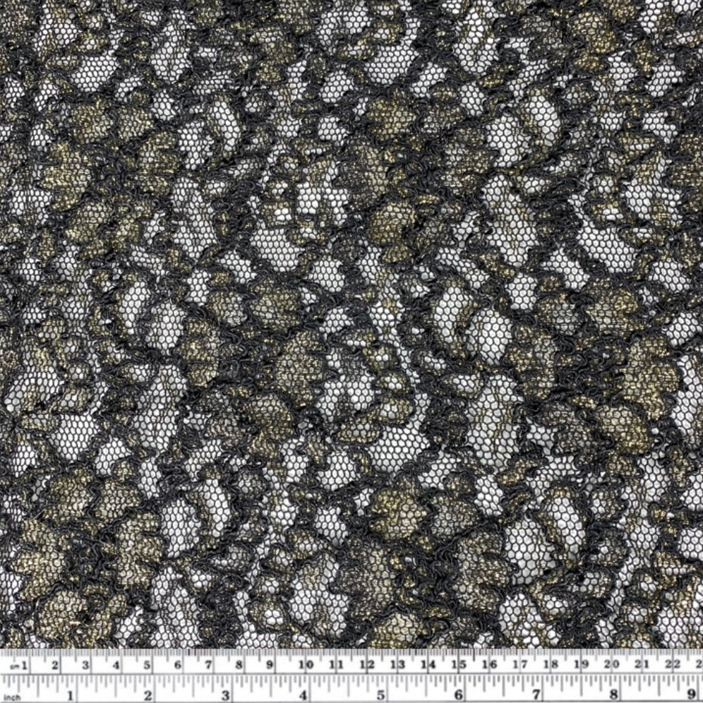 Stretch Floral Corded Lace with Finished Edges - Black/Gold