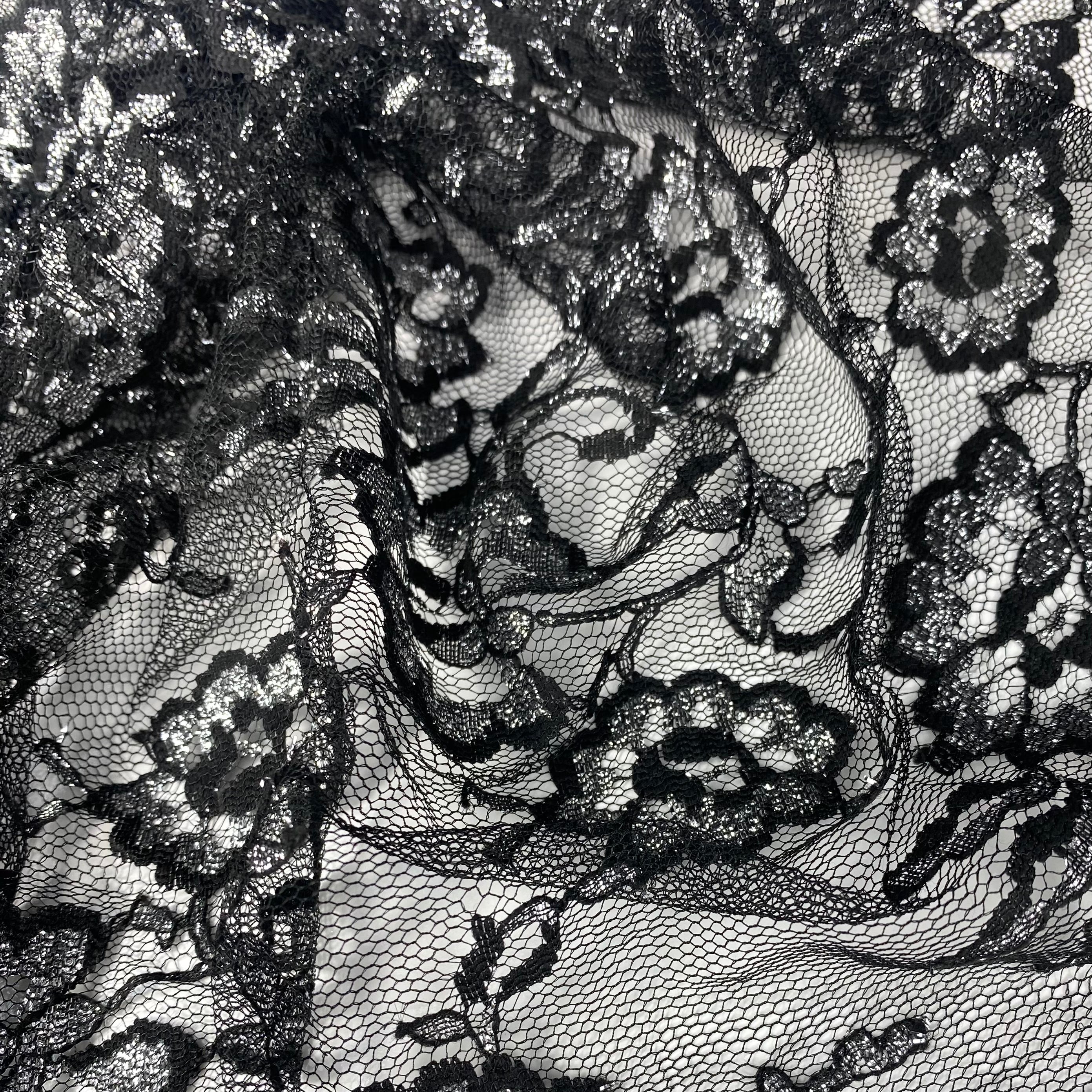 Floral Embroidered Lace with Finished Edges - Black/Silver