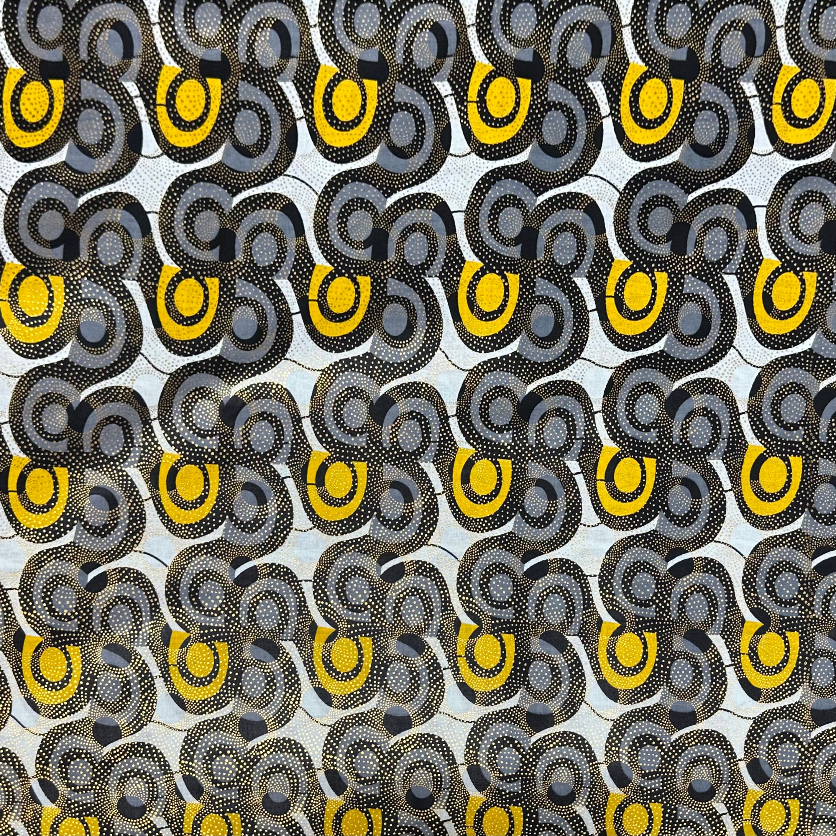 Waxed Metallic African Printed Cotton - Grey/Black/Yellow
