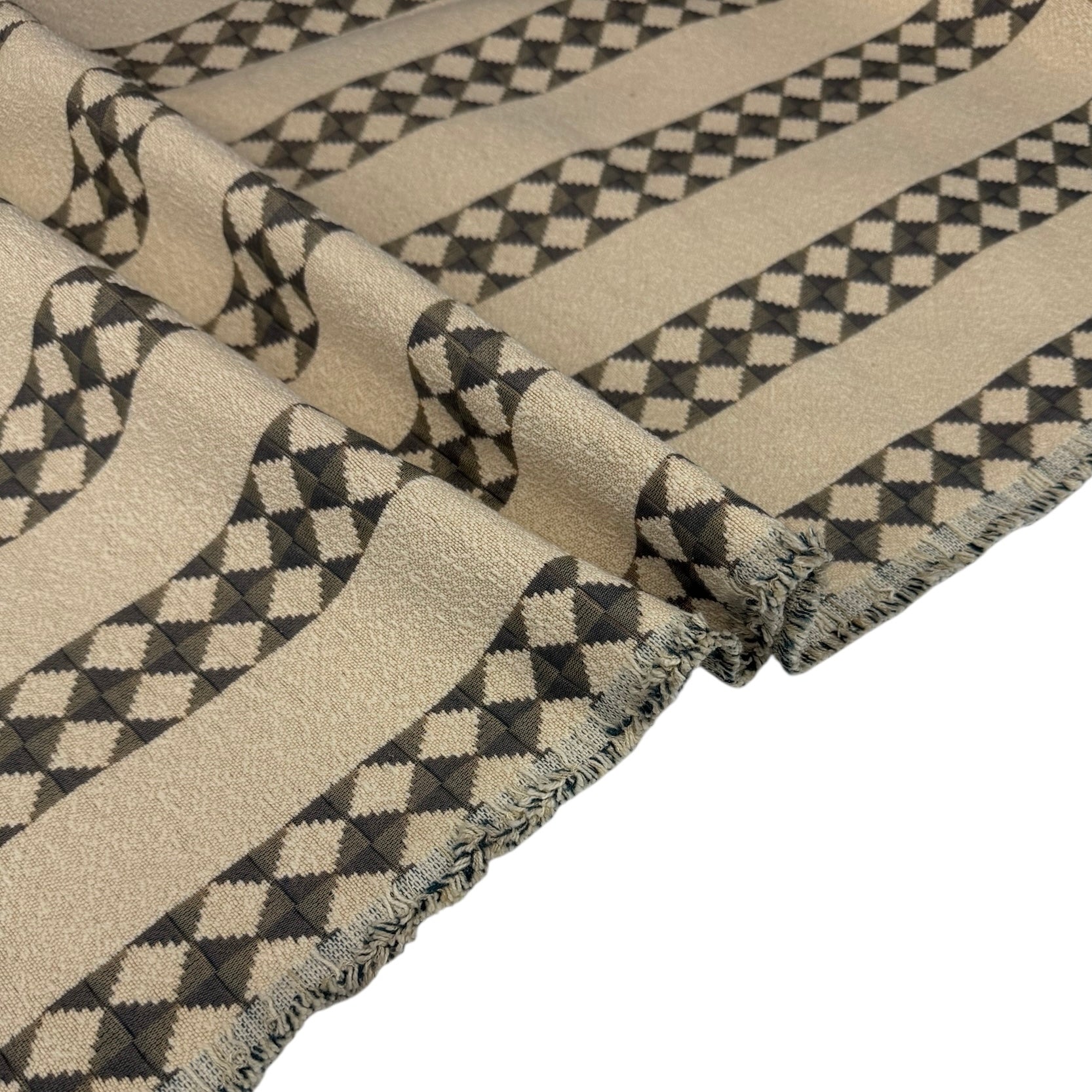 Woven Striped Diamond Patterned Cotton Blend Upholstery Remnant - Beige/Turquoise