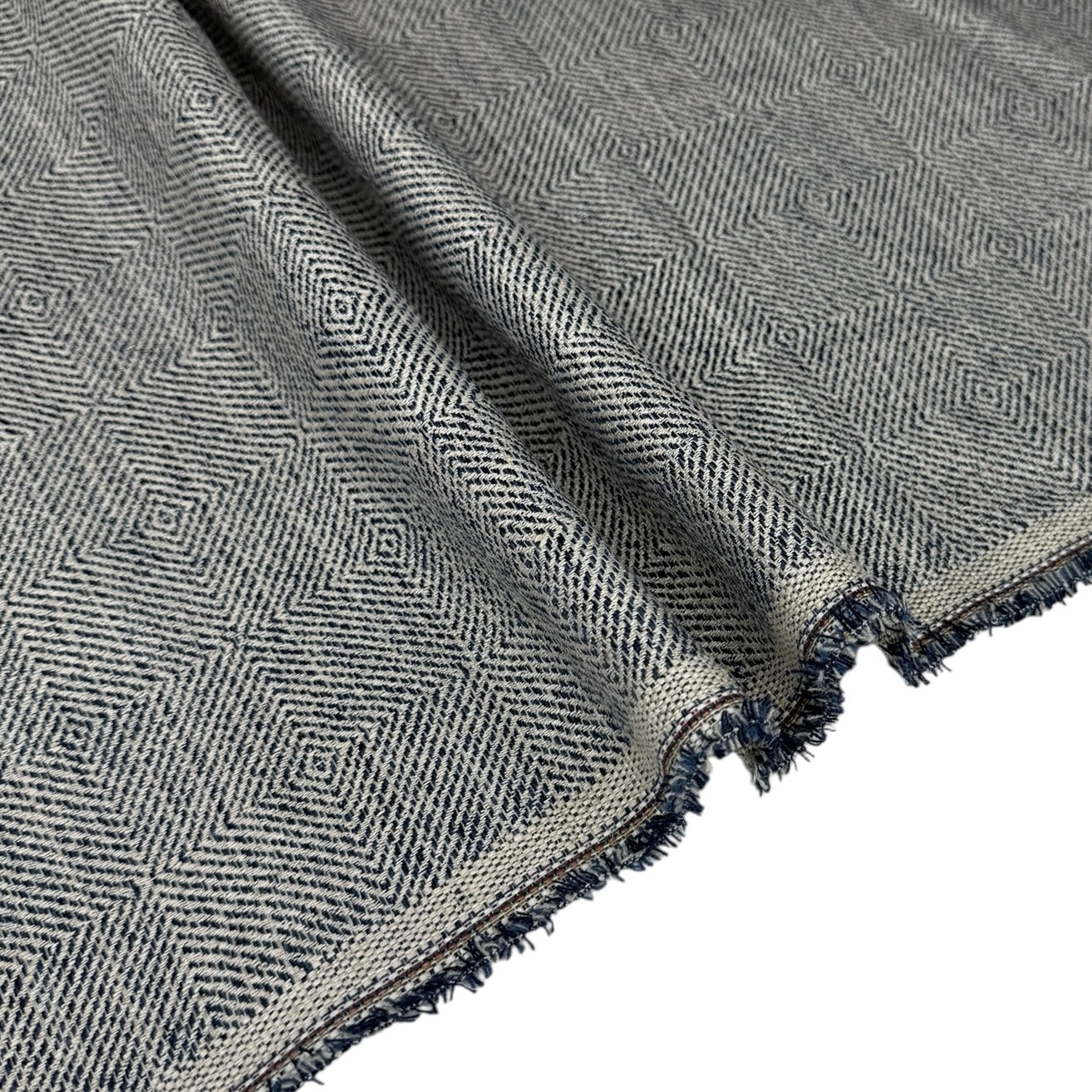 Woven Diamond Patterned Cotton Upholstery Remnant - White/Blue