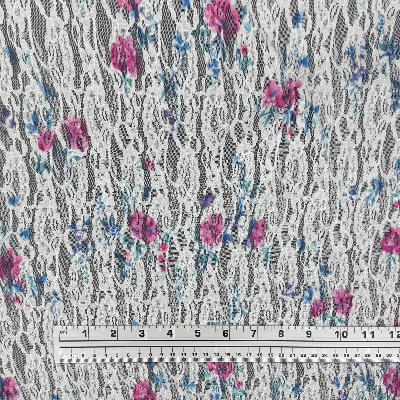 Floral Printed Stretch Lace - White/Pink/Blue