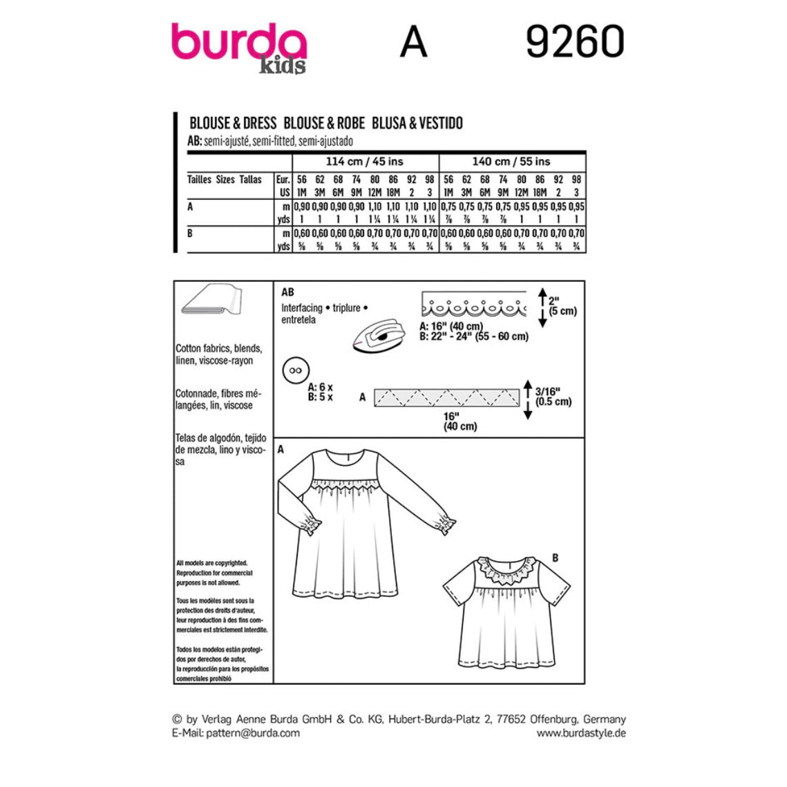 Burda Kids 9260 - Dress/Blouse Sewing Pattern