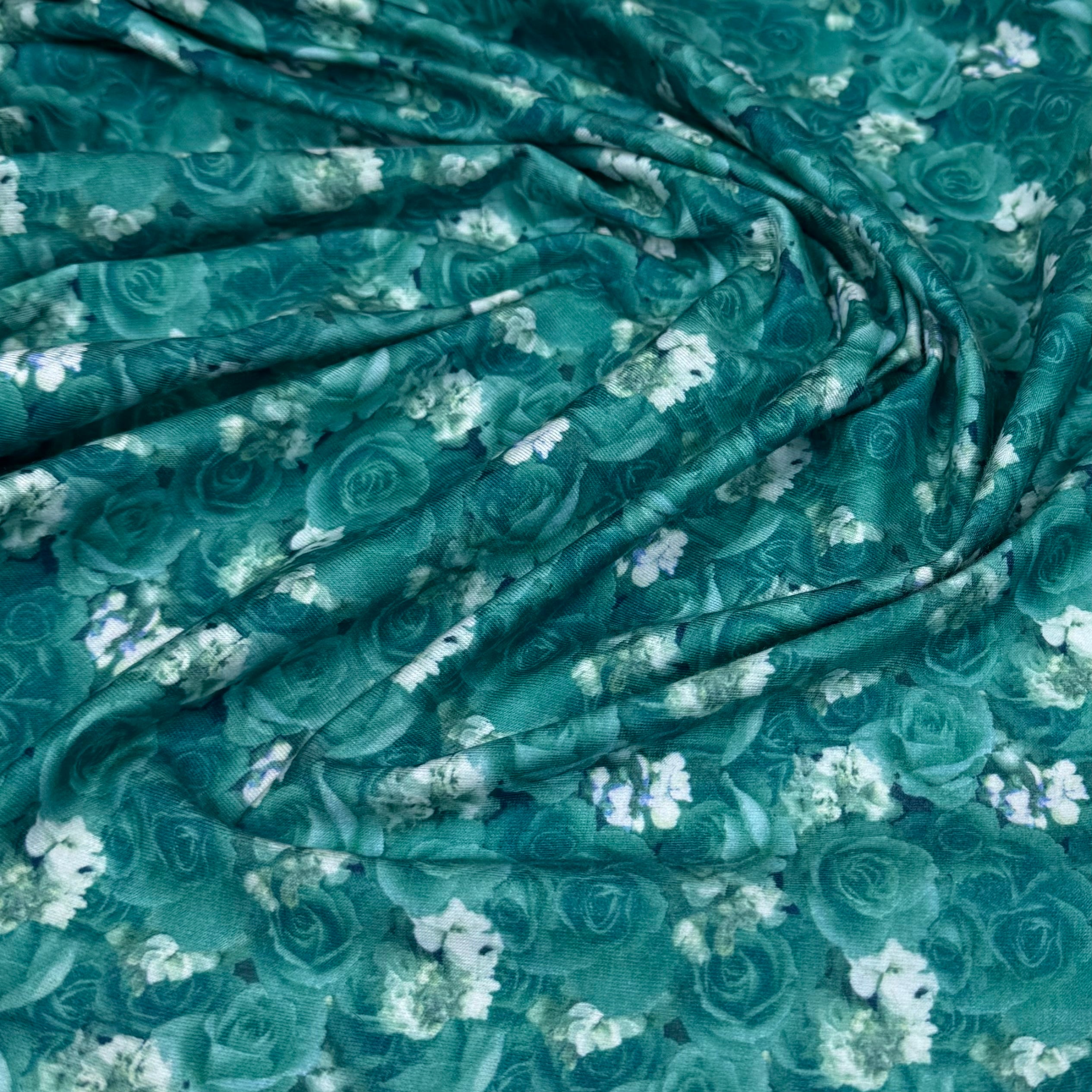 Floral Printed Polyester Jersey - Green/White