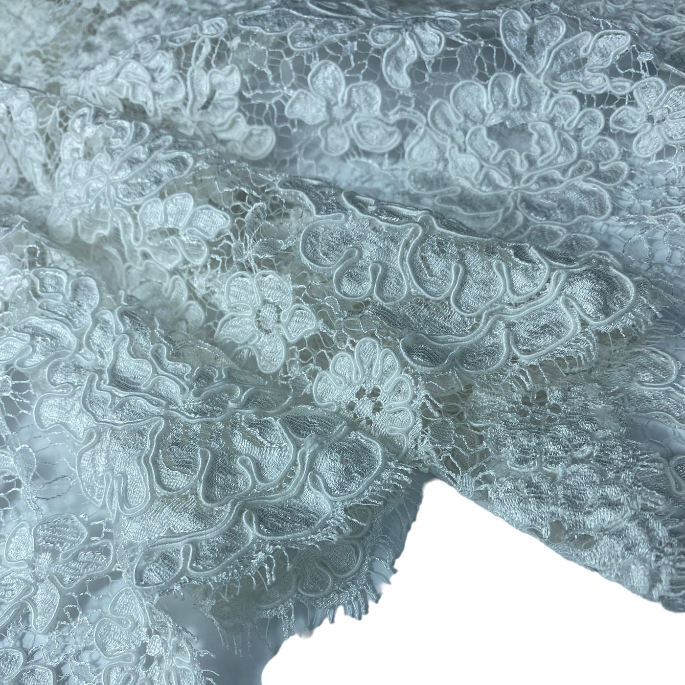 Corded French Lace with Finished Scalloped Eyelash Edge - Remnant - White